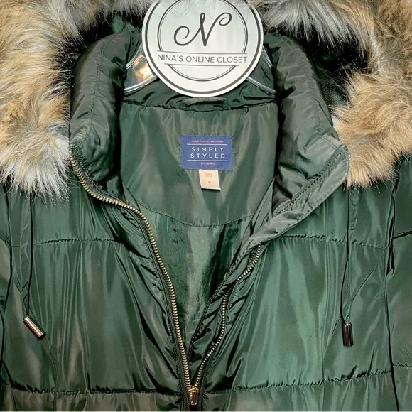 SIMPLY STYLED Women’s Puffer Coat with Faux Fur Detachable Hood Green Size M - Picture 3 of 5
